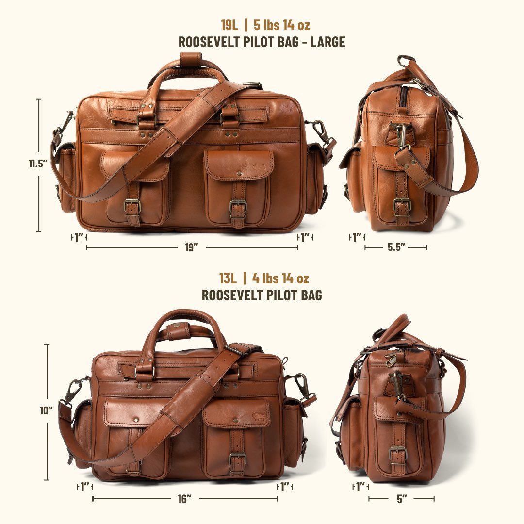 The Roosevelt Buffalo Leather Pilot Bag - Large is a full-grain water buffalo leather bag built for travel, work, and everyday carry.

Exterior dimensions: 19 inches long, 5.5 inches wide, 11.5 inches high. Laptop sleeve dimensions: 15.5 inches long, 8.5 inches wide. Laptop compatibility: fits most 17-inch laptops. Shoulder strap length: 61 inches fully extended, 49 inches at shortest setting. Exterior pocket depth: 1 inch. Total weight: 5 pounds 14 ounces (5.88 lbs / 2.67 kg). Material: full-grain water bu